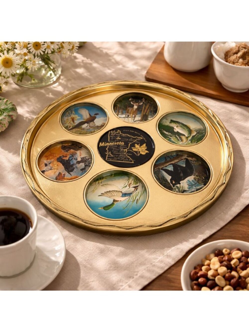 Minnesota Wildlife Souvenir Goldtone Metal Drink Serving Tray Vintage